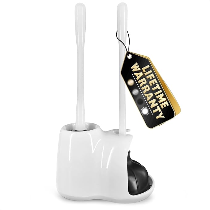 2-in-1 White Toilet Brush and Plunger Set with Holder – Compact Bathroom Cleaning Combo, Strong Rubber Plunger & Stiff Bristle Brush, Space-Saving Stand, Fits Most Standard Toilets, 9.3×6.3×15.2 inch