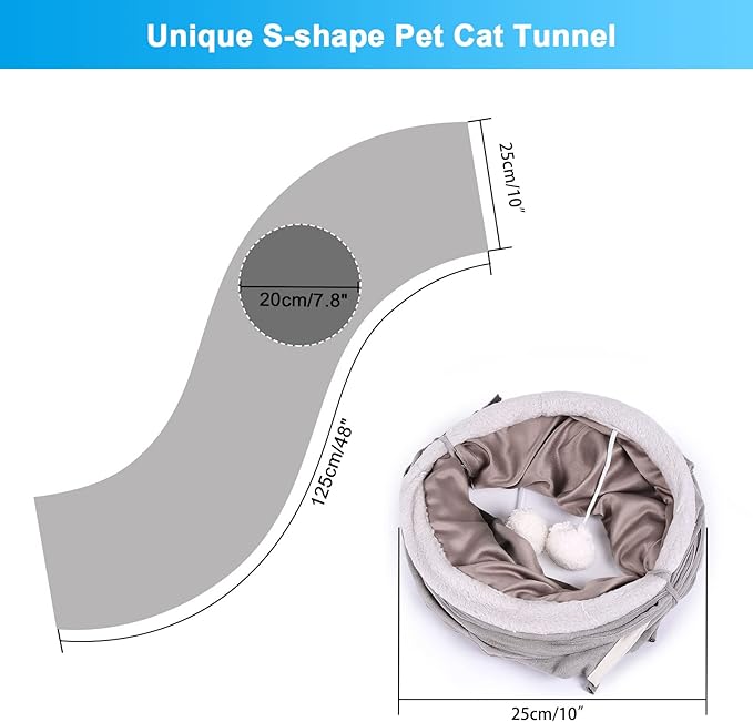 Ownpets Cat Tunnel 48 inch Long S-Shape Collapsible Cat Play Tunnel with Interactive Feather Wand Large Pet Tunnel Tube Toy for Cat Kitten Kitty Puppy Rabbit