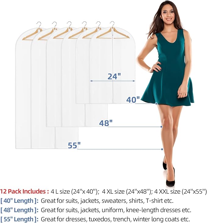 12 Packs All Clear Garment Bags for Hanging Clothes, Suit Bags for Closet Storage, Plastic Waterproof Suit Cover Bags with Zipper for Coats, Jackets, Dresses (24" x 40" & 48" & 55")