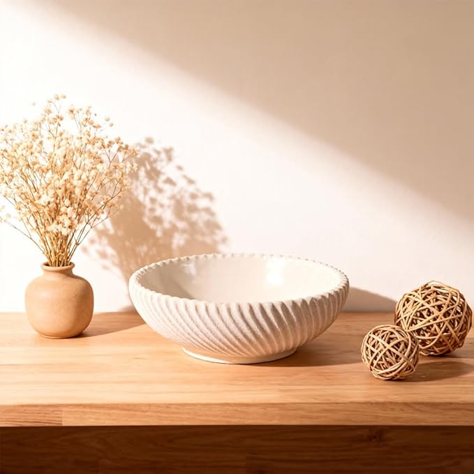 Large Resin Decorative Pedestal Bowl for Home Decor - Sandstone Ribbed Fruit Bowl For Kitchen Counter Or Table Decor - Key Bowl for Entryway Table Decor - Centerpiece Bowls for Keys, Fruit, Candy