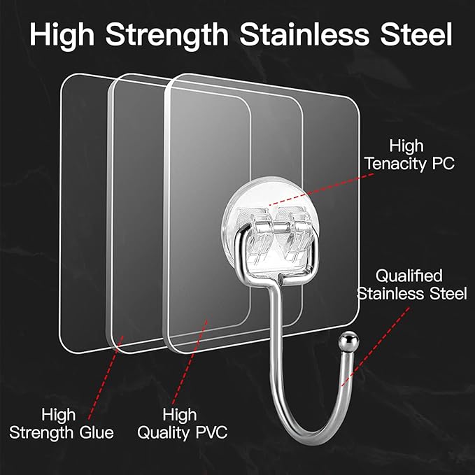 12 Pack Large Adhesive Hooks for 44 lb(Max) Hanging Heavy Duty, Self Adhesive Sticky Hooks Waterproof Stainless Steel Wall Hook for Home Bathroom Shower Kitchen Outdoor Utility Hooks