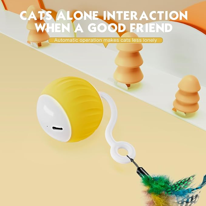 Interactive Cat Toys Ball - Electric Automatic Toys for Indoor cats, LED Lights and Toys Feather Tail with Sound Activated and Touch, USB Rechargeable, 2peeds Mode for Bored Kittens/Adult Cats/Ferret