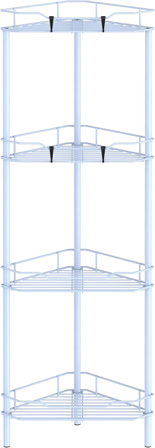 4 Tier Floor Standing Corner Shower Caddy Organizer Shelf with Hooks, Bathroom Shelves Stand Rack, Blue