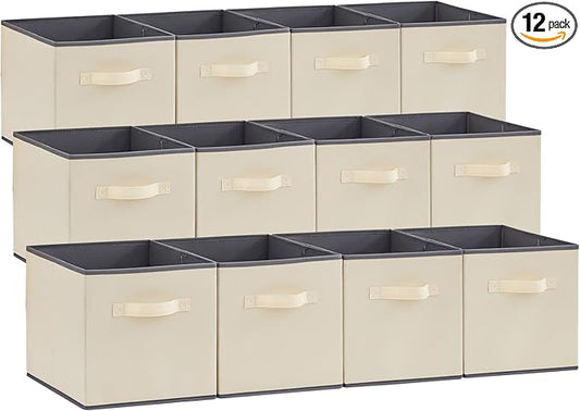 Lifewit 12 Packs Storage Cubes, 11 Inch Cube Storage Bins, Foldable Decorative Fabric Storage Baskets for Organizing Home Organizers with Handles for Shelves, Closet,Beige