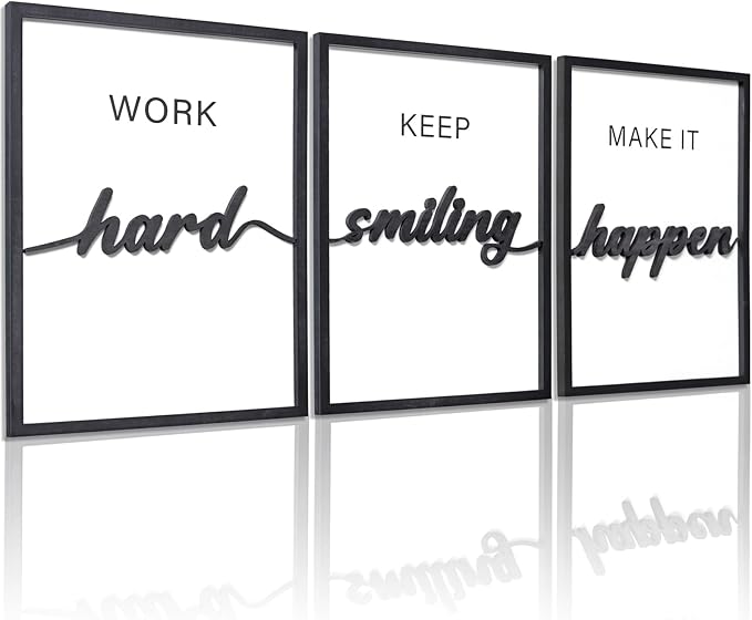 3D Wood Inspirational Office Wall Art, 36" x 16" Framed Black and White Motivational Wall Decor, Inspirational Quotes Wall Art for Home Office Bedroom (Ready to Hang, Set of 3, Framed)