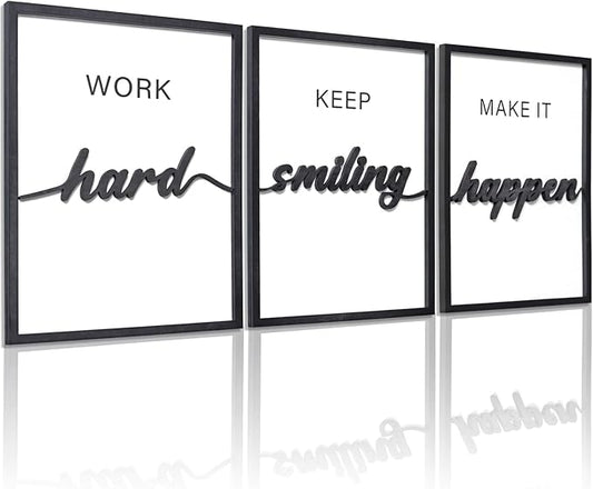 3D Wood Inspirational Office Wall Art, 36" x 16" Framed Black and White Motivational Wall Decor, Inspirational Quotes Wall Art for Home Office Bedroom (Ready to Hang, Set of 3, Framed)