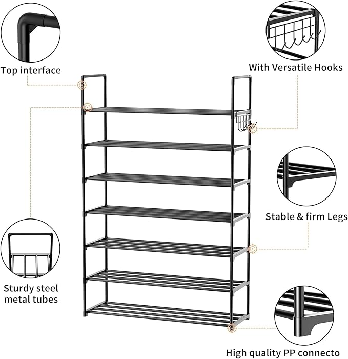Metal Shoe Organizer,7 Tiers Shoe Storage Shoe Rack with Hooks,Fit 24-30 Pairs,Adjustable Shoe Shelf for Entryway,Hallway,Bedroom,Metal Bottom Support