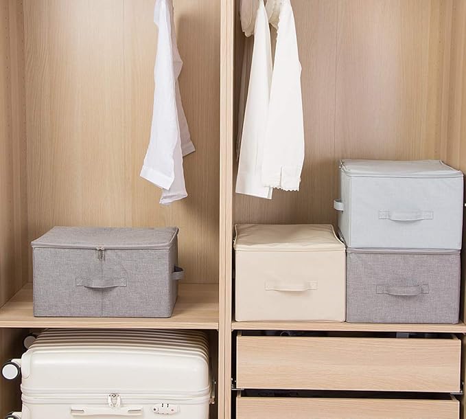 Pack of 3, 17.7 * 13.8 * 9.8" Stackable Folding Storage Baskets with Lid & Carry Handles & Memo Pocket, Good Wardrobe Separator Bins, Dark Gray