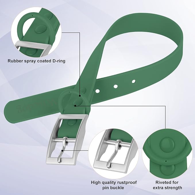 Wisedog Waterproof Dog Collar, Adjustable Soft Rubber Coated Webbing, Odor-Proof and Easy to Clean for Small Medium Large Dogs, with Airtags Case(S|8.5"-12.5" × 4/5 in, Pine Green)