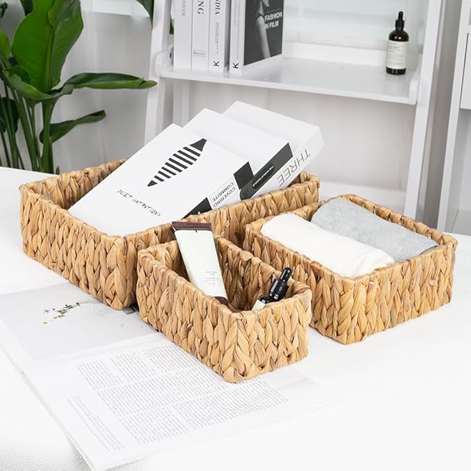 3 Pack Wicker Storage Basket, Natural Woven Water Hyacinth Storage Basket for Shelf Organizing