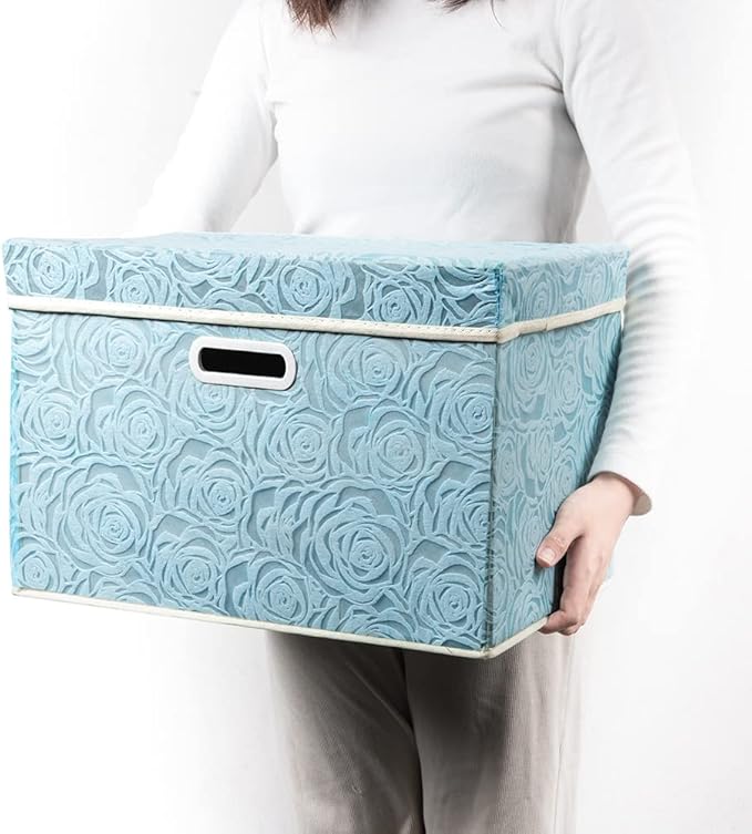 PRANDOM Large Collapsible Storage Boxes with Lids [5-Pack] Fabric Decorative Storage Bins Cubes Organizer Containers Baskets with Cover Handles for Bedroom Closet Nursery Blue 17.5x11.8x11.8 Inch