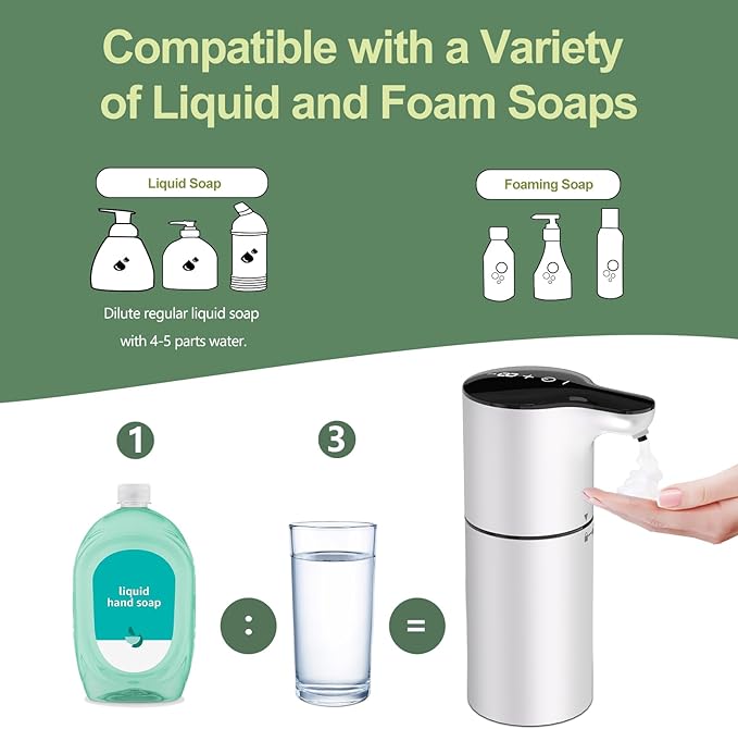 YIKHOM Automatic Foaming Soap Dispenser, 15.37 oz/450mL Electric Touchless Foam Dispenser, 8 Adjustable Level Hand Sanitizer Pump, USB C Rechargeable, IPX6 Waterproof Soap Pump for Bathroom