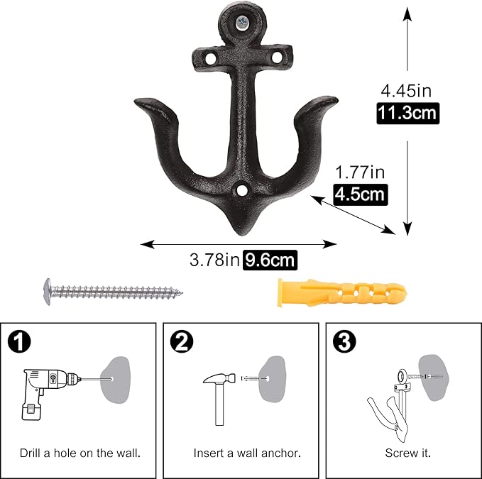 XINGYAN Vintage Rustic Cast Iron Nautical Sea Anchor Design Wall Hooks,Home Coat Rack,Decorative Wall Mounted Antique Shabby Chic Metal Bathroom Towel,Coat Hooks,Hanger,Screws Inside (Black[4pcs])