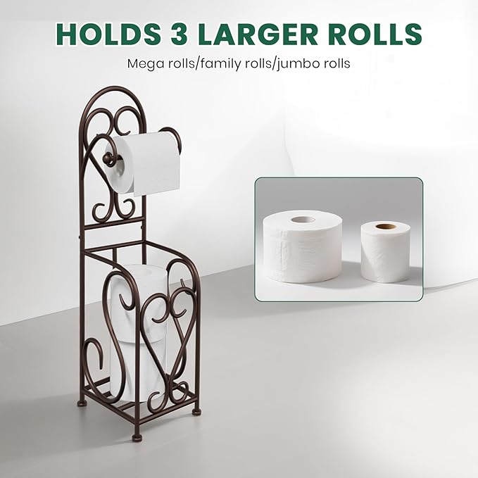 Toilet Paper Holder Free Standing with Storage for Mega Rolls, Scroll Bathroom Tissue Holder Stand, Metal, Bronze