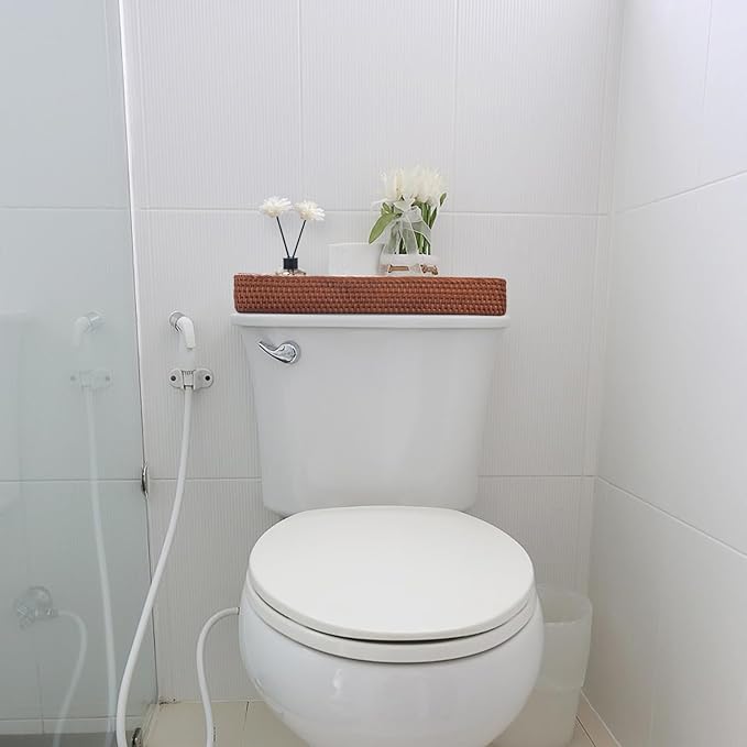 Rattan Bathroom Vanity Trays Toilet Tank Baskets Long Narrow Hand Towel Storage Basket for Storage, Decorative (Honey Brown 16.3 x 6.1 x 2 inch)