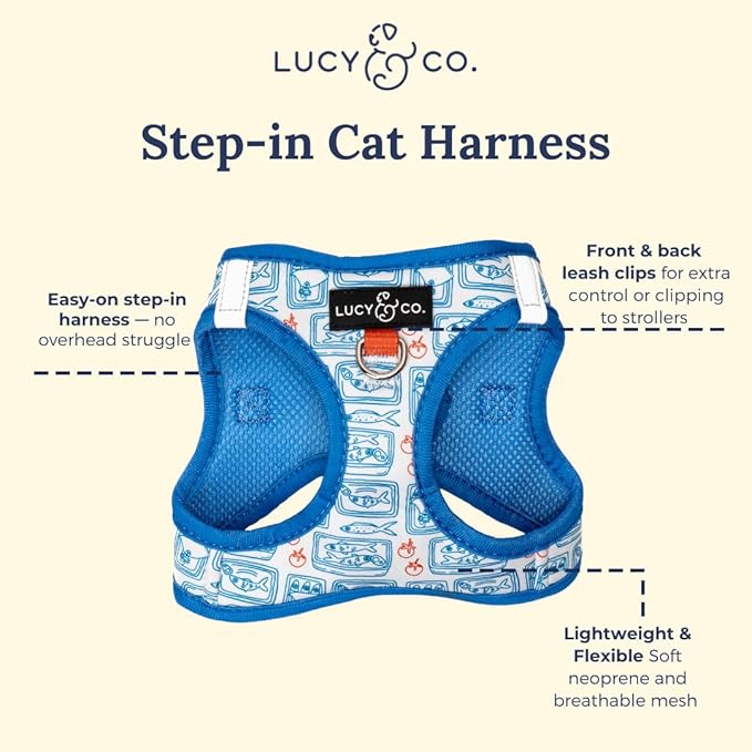 Lucy & Co. Tinned Fish Step-in Cat Harness & Leash Bundle – Reflective, Breathable & Adjustable Harness for Cats, Kittens & Small Dogs, Lightweight & Secure and Dual Leash Clips – Large