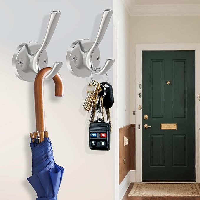 Brushed Nickel Robe Hooks Towel Hooks, 3 Pack Coat Hook Heavy Duty Mudroom Hook Double Bathrobe Hook Wall Mounted, Hat Hooks for Entryway Bathroom Kitchen Closet