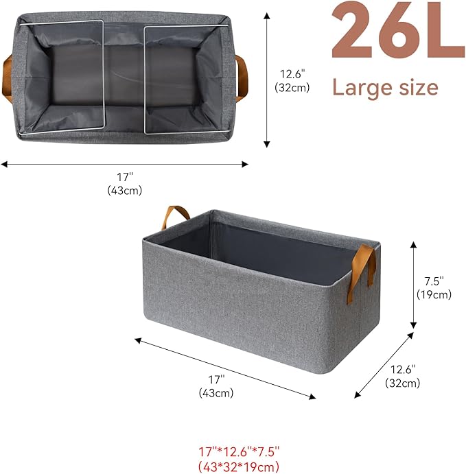 SNWDN 4 Pack Closet Cloth Storage Bins for Shelves,Large Storage Baskets for Shelves,Fabric Bins for Closet organization with Handles（Grey 17''L x 12.6''W x 7.5''H）