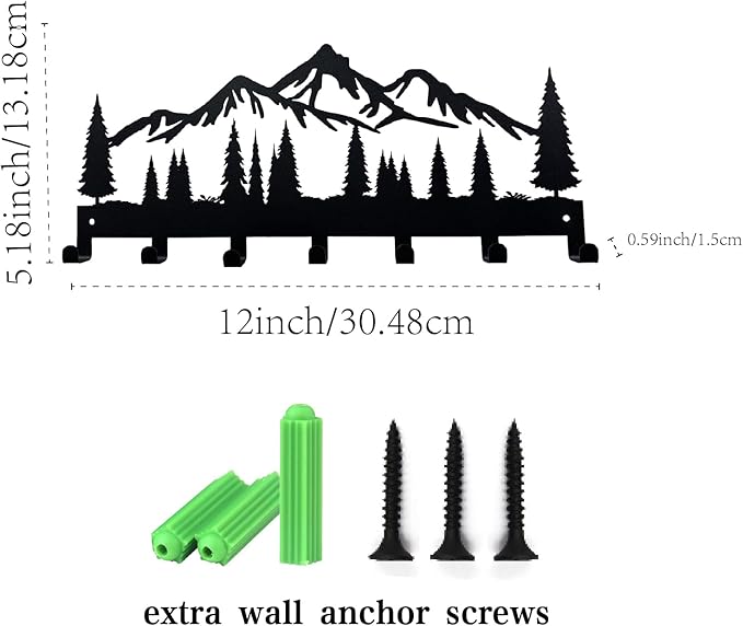 Key Holder for Wall, Metal Wall Hooks Organizer Rack with 7 Hooks for Keys, Coats, Bags – Decorative Home Decor for Entryway, Hallway, Kitchen, Living Room (12 Inches, Mountain)