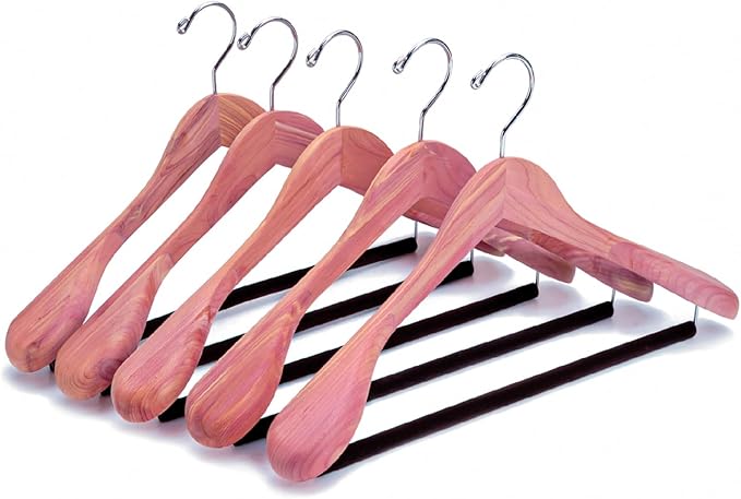 Amber Home 5 Pack American Red Cedar Wood Coat, Suit Hangers with Extra Wide Shoulder, Wooden Jacket Clothes Hanger Smooth Deluxe Aromatic Natural Cedar with Non Slip Velvet Pant Bar