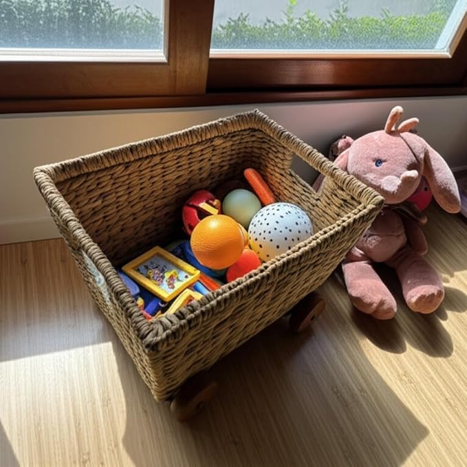 Wicker Toys Storage with Removable Wheels, Set of 2, Heavy Duty Hyacinth Storage Baskets for Organizing, Storage Woven Basket, Rattan Basket, Toys Storage (Water Hyacinth)