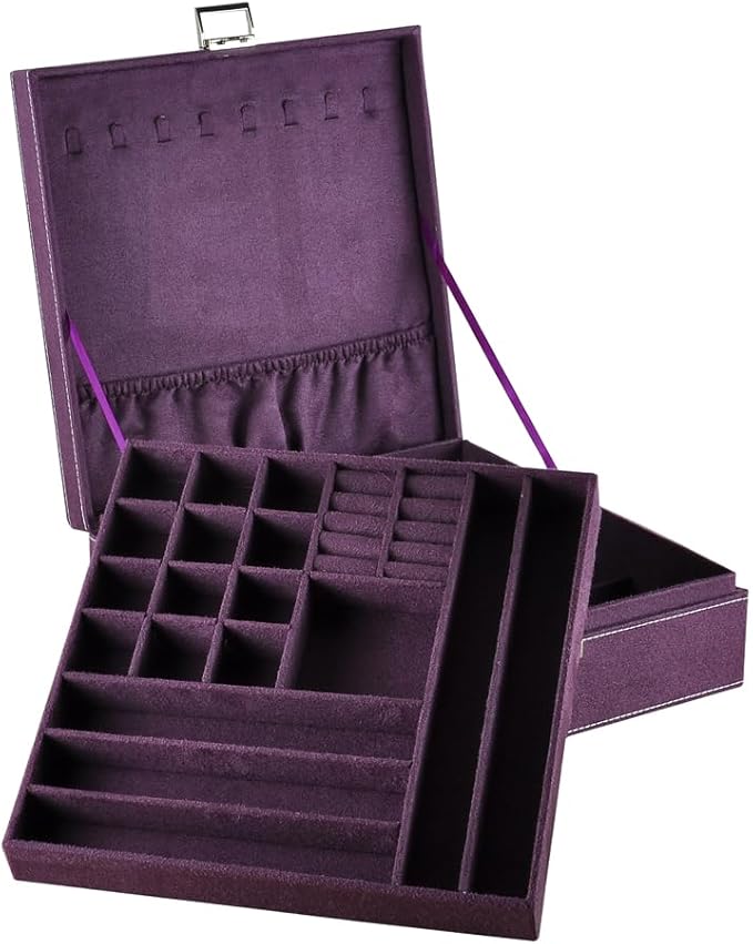 Jewelry Boxes 10 x 10 Inches 2-layer Handle Necklace Holder Organizer Jewellery Women Rings Storage Display Girls Earrings Case Lockable Jewelry Tray GY641 (Purple)