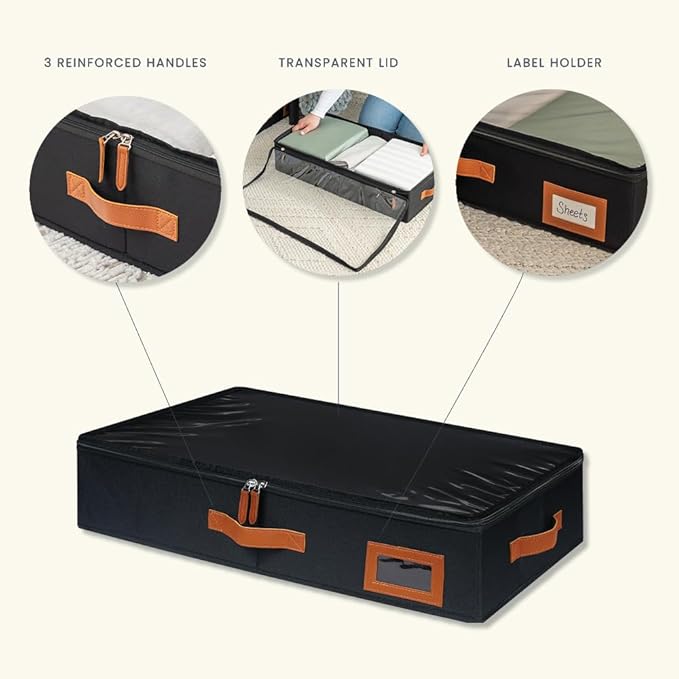 OrganiHaus Under Bed Storage Containers, Bedroom Storage and Organization Bins, Clothes Organizer for Closet with Clear Cover and Reinforced Handles - Set of 2 33x17x6 inches Black