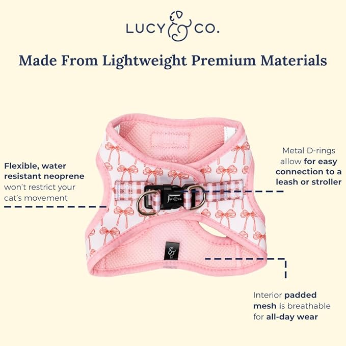 Lucy & Co. Take a Bow Step-in Cat Harness & Leash Bundle – Reflective, Breathable & Adjustable Harness for Cats, Kittens & Small Dogs, Lightweight & Secure and Dual Leash Clips – Large