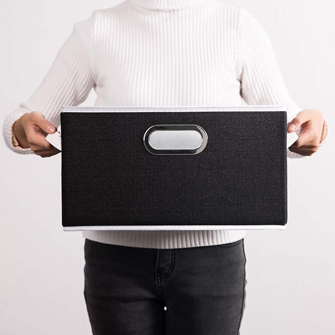 PRANDOM Large Collapsible Storage Bins for Closet [3-pack] Decorative Fabric Storage Baskets Cubes with Leather/Metal Handles for Shelves Bedroom Living Room Black (14.9x9.8x8.3 Inch)