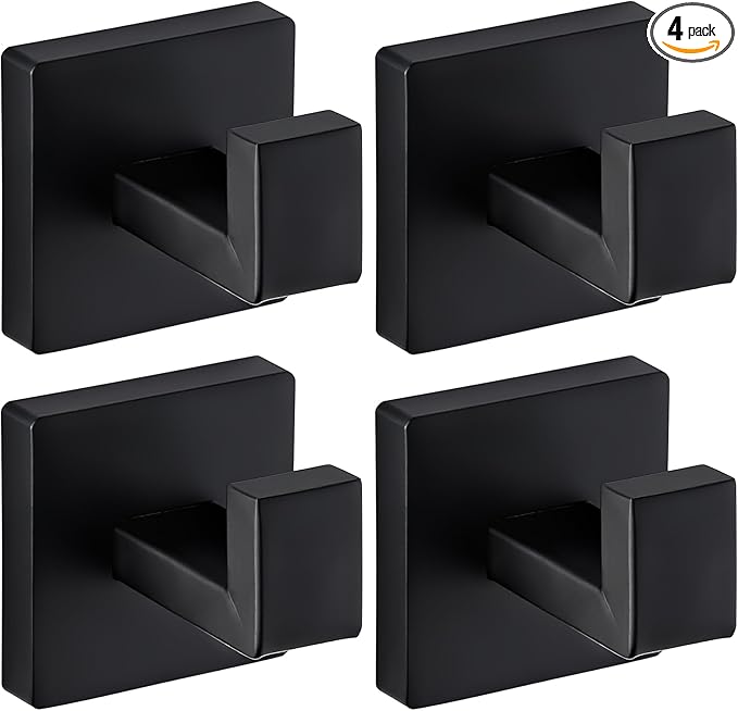 Matte Black Towel Hooks for Bathrooms, Heavy Duty Wall Mounted Stainless Steel Modern Hook, 4 Pack – Ideal for Hanging Towels, Robes, Coats, in Kitchen, Bedroom, Bathroom, or Hotel