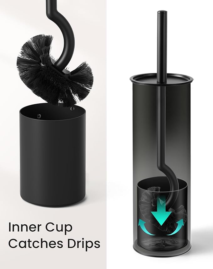Cesun Toilet Brush and Holder Set - Curved Design Toilet Brush for Deep Cleaning Under Rim, 304 Stainless Steel Toilet Bowl Brush and Holder for Bathroom, Rv, Black(2 Replaceable Brush Head Included)