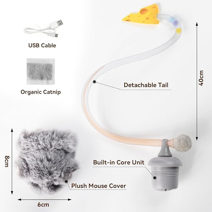 Migipaws Interactive MigiMouse Cat Toy 360° Rolling & Spin with Wiggling Tail for Indoor Cats Smart Motion Sensor, Realistic Squeak, Rechargeable Plush Kitten Toy(Grey Long)