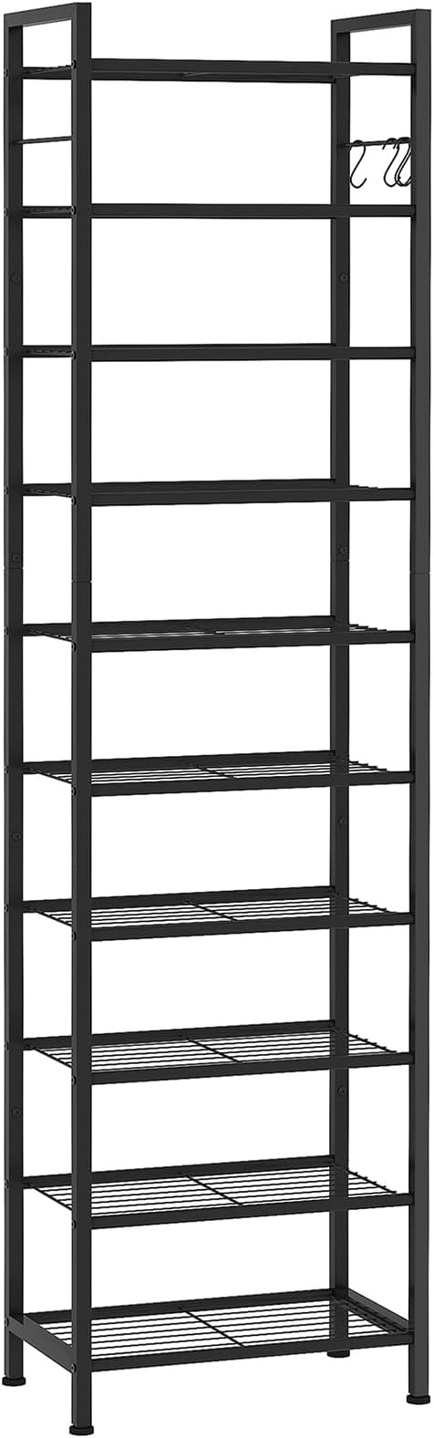 usikey 10 Tiers Narrow Shoe Rack 20-30 Pairs, Sturdy Metal Tall Shoe Rack Shelf with 4 Hooks, Slim Shoe Storage with Metal Shelf, Space Saving Vertical Shoe Organizer for Entryway, Closets, Black