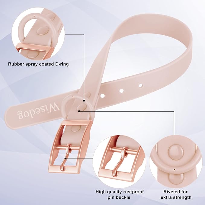 Wisedog Waterproof Dog Collar: Multiple Adjust 7" to 23.6", Soft Rubber Coated Webbing, Easy to Clean, for Small Medium Large Dogs (M|12"-16" × 4/5 in, Gossamer Pink)