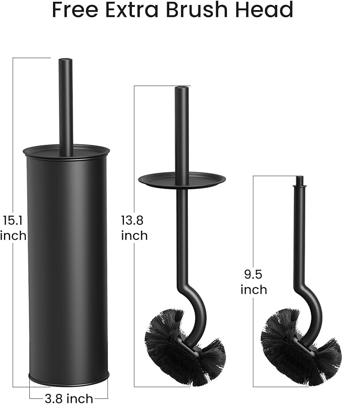 Cesun Toilet Brush and Holder Set - Curved Design Toilet Brush for Deep Cleaning Under Rim, 304 Stainless Steel Toilet Bowl Brush and Holder for Bathroom, Rv, Black(2 Replaceable Brush Head Included)