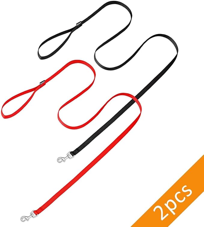 AMAGOOD 6 FT Puppy/Dog Leash, Strong and Durable Traditional Style Leash with Easy to Use Collar Hook, Great for Small, Medium and Large Dogs (3/4 in x 6 ft, Black and Red (2-Pack))