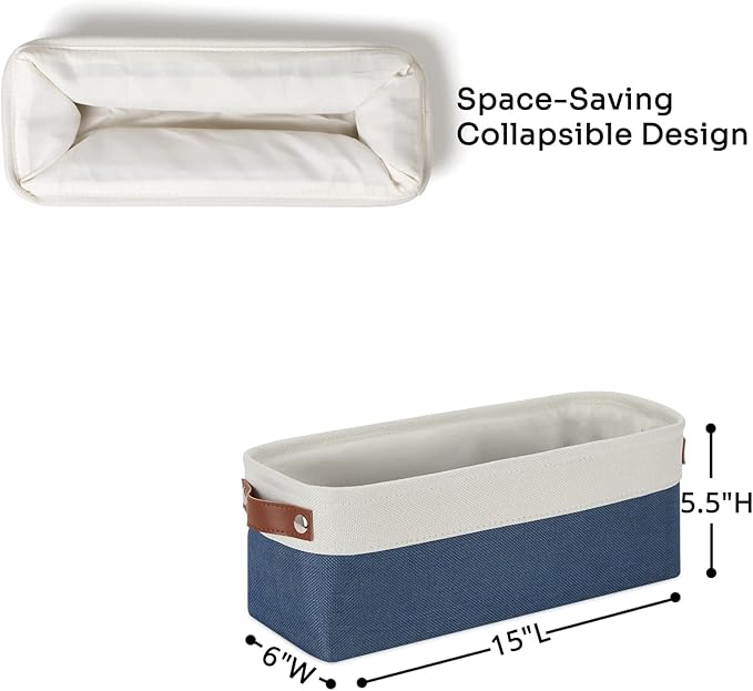DULLEMELO Toilet Paper Baskets for Storage 15"x6"x5.5" Small Rectangular Baskets for Towels [2 Pack] Collapsible Fabric for Organizing Closet,Shelf,Toys (White&Blue)