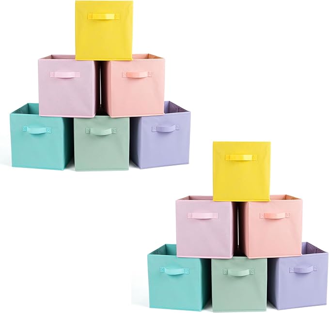 Fabric Storage Bins 12 Pack 13 inch Foldable Storage Cubes with Handles Fun Colored Durable Cube Storage Bin for Home, Playroom, Closet Organizers and Storage Green, Cyan, Purple, Yellow, Pink, Peach