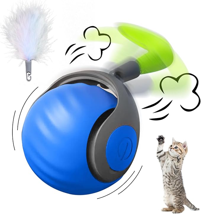 Interactive Cat Ball Toy with Feather, Smart Ball for Indoor Cats, Motion Activated Automatic Cat Toys, USB Rechargeable Toys, Blue