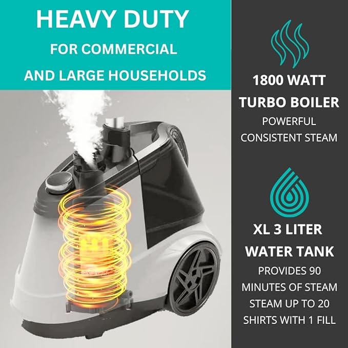 True & Tidy Heavy Duty Commercial Full Size Standing Garment Steamer for Clothes with Extra Large 2.9L (98 oz) Water Tank for 90+ mins of Steam Time, 1800 watts of Powerful Steam, 3 Settings, White