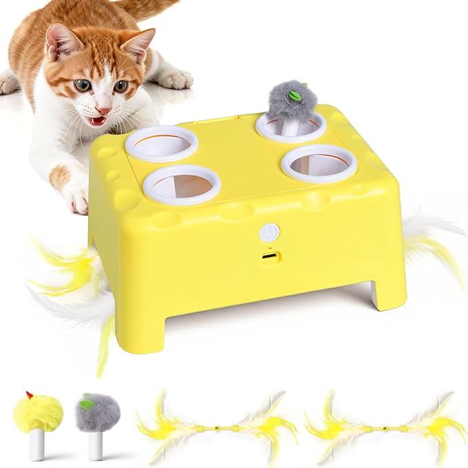 Interactive Cat Toy for Indoor Cats, 3 Modes Feathers Toy, Rechargeable 4 Holes Mole Cat Toys, Cheese Box for Kitten, 4 Accessories (Yellow)