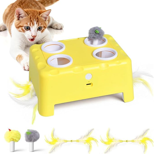 Interactive Cat Toy for Indoor Cats, 3 Modes Feathers Toy, Rechargeable 4 Holes Mole Cat Toys, Cheese Box for Kitten, 4 Accessories (Yellow)