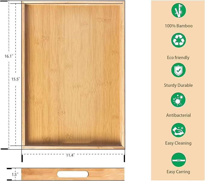 Krismax Serving Tray with Handles, Bamboo Breakfast Tray Wooden Trays Decorative Serving Platter for Eating, Working, Storing, Used in Bedroom, Kitchen, Living Room, Bathroom, Hospital and Outdoors