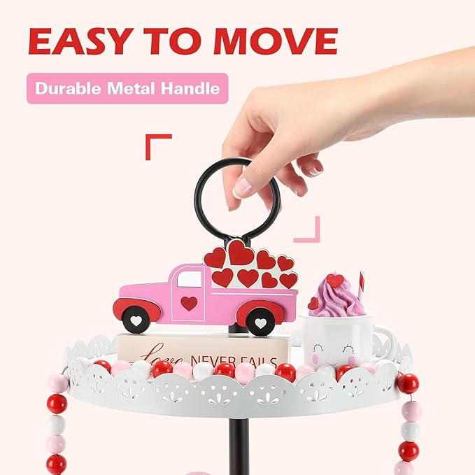 Wooden Two Tiered Tray Stand, Farmhouse Round 2 Tier Decorative Tray with White Metal Floral Edge for Home Kitchen Table Decor, Serving Tray for Coffee Bar Party Weddding Holiday Decorations