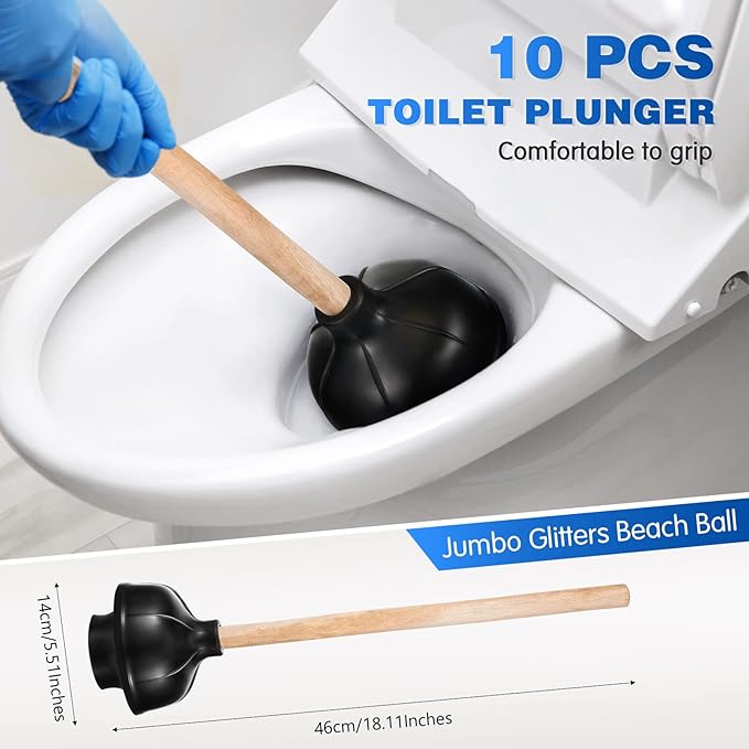 Tanlade 10 Pcs Toilet Plungers for Bathroom Heavy Duty 18 Inch Bulk Black Commercial Plungers with Double Thrust Force Rubber Suction Cup and Long Wooden Handle for Stores Restaurants
