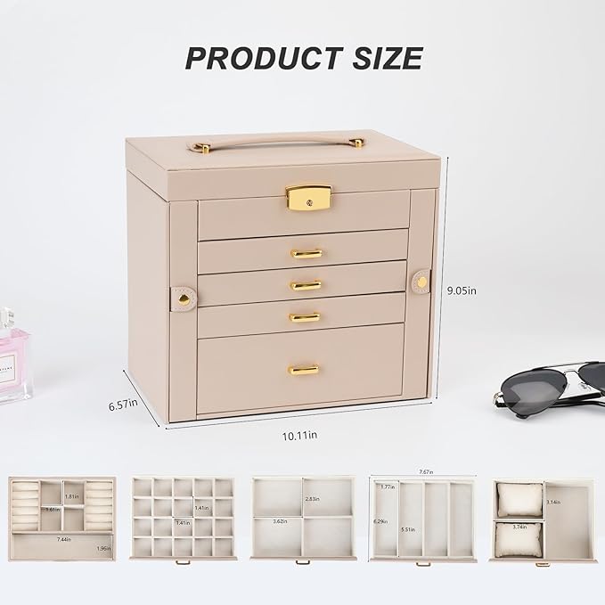 Jewelry Box, Women's Jewelry Organizer with Mirror, 5 Layers & 4 Drawers, Apricot