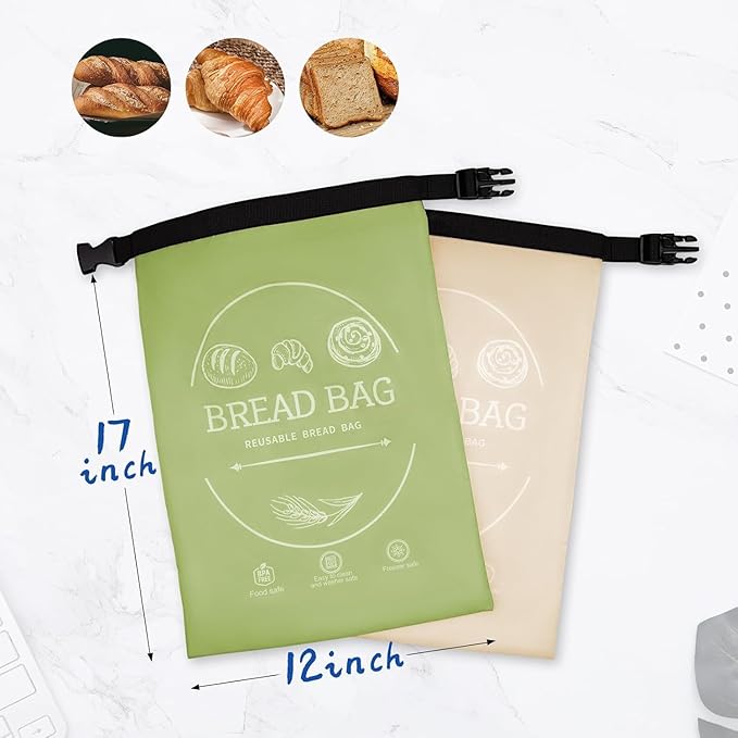 Bread Bags for Homemade with Beeswax Wrap - Zipper Reusable Bread Bag for Sourdough 2-Pack, Reusable Food Storage Bag to Keep Sourdough Fresh, Freezer-Safe, Eco-Friendly (Khai& Green)
