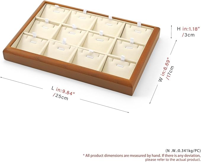 Oirlv Solid Wood 12 Grid Liner Pendant Jewelry Organizer Tray Jewelry Drawer Organizer(Creamy-White)