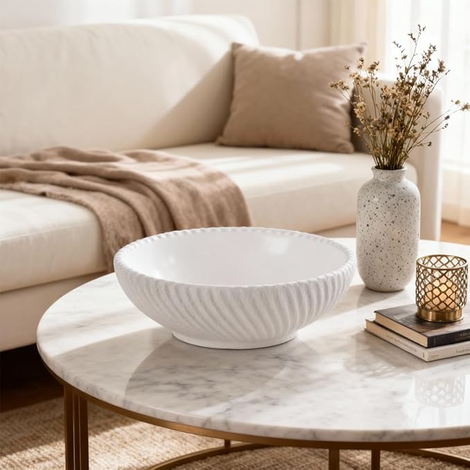 Large Resin Decorative Pedestal Bowl for Home Decor - White Ribbed Fruit Bowl For Kitchen Counter Or Table Decor - Key Bowl for Entryway Table Decor - Centerpiece Bowls for Keys, Fruit, Candy
