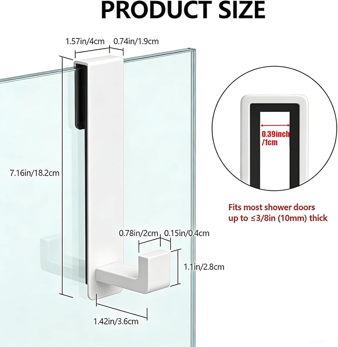 PMMASTO Shower Door Hooks, (7.5 Inch) Extended Towel Hooks for Bathroom Frameless Glass Shower Door, Stainless Steel Heavy Duty Hooks (White, L Shape-Fits 3/8" Thick Door)